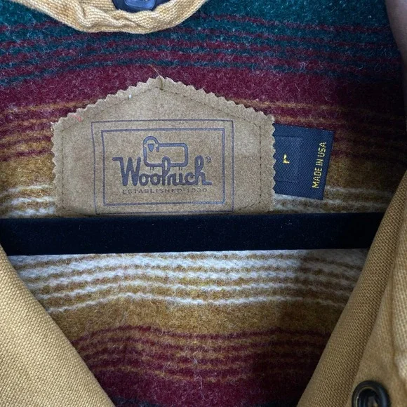 Woolrich Mens VTG Chore Jacket Tan Canvas Leather Collar Striped Lined L - Picture 2 of 9